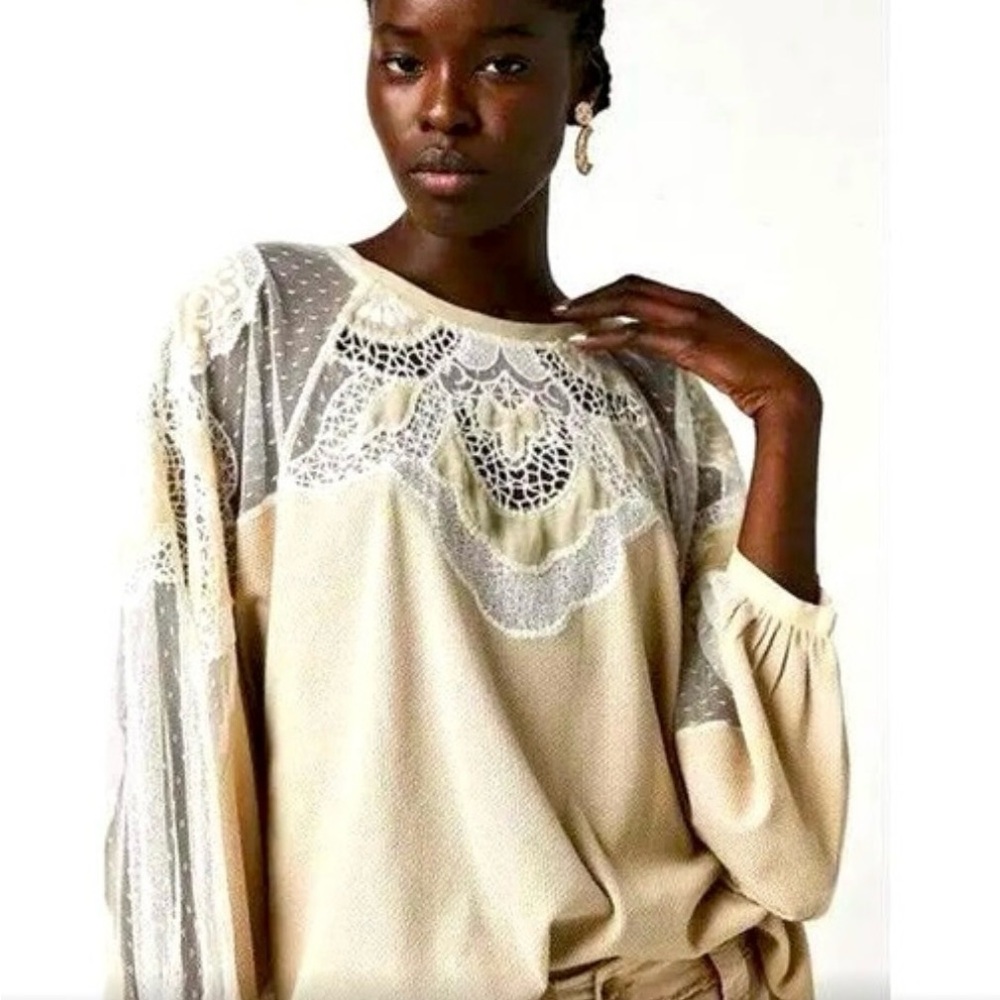 Free People Cream Lace Panel Blouse